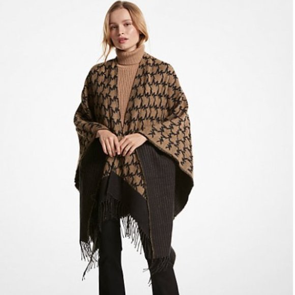 Michael Kors Sweaters - NWT Michael L Kors Logo Jacquard Ruana Dark Camel Black Signature Poncho Shrug